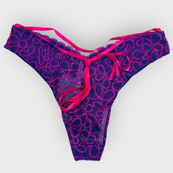 Savage X Fenty Ribbon Writing Lace Brazilian | Plus Size 1X Purple Pink Groovy - Picture 2 of 8